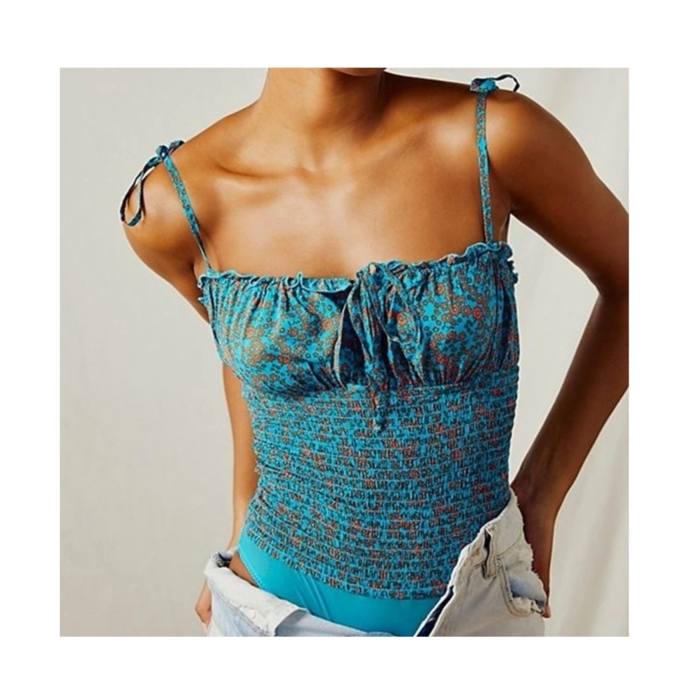 Free People Bardot Smocked Bodysuit Mesh Blue Size M